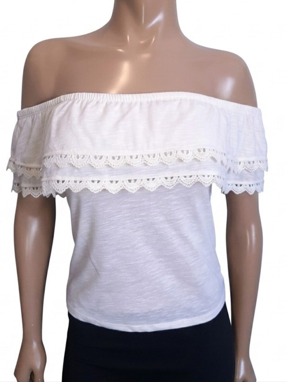 Ardene Off Shoulder Layered Blouse Cream Semi Sheer Crochet Boho Trim Size XS
